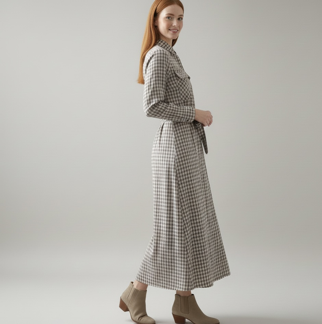 Robe maxi chemise vichy beige en pur coton