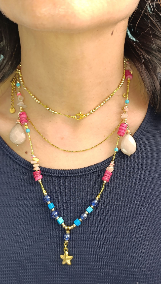 Collar largo handmade turquesa y fucsia