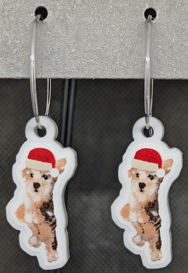 Christmas Schnoodle dog 20mm hyperallegenic wire hoops earrings