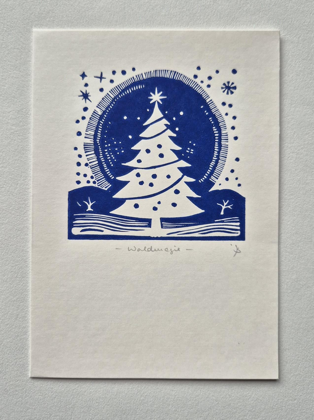 Weihnachtskarte Linol "Waldmagie"