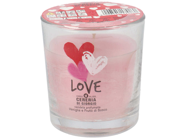 Love candela profumata con bicchiere 7x7,5cm profumazione vaniglia e frutti di bosco