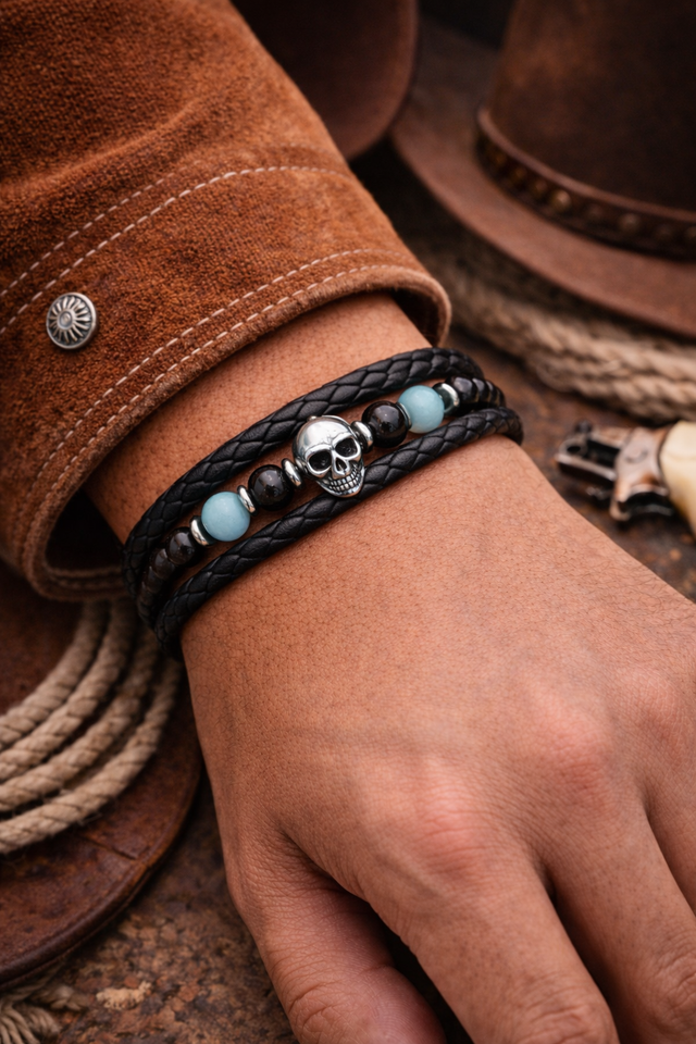 Bracelet Cuir Outlaw - Aigue-Marine &amp; Onyx
