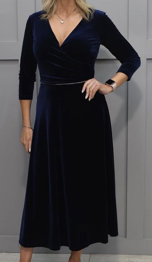 TIA Midnight Blue Velvet V Neck Dress With Diamante Waist Detail