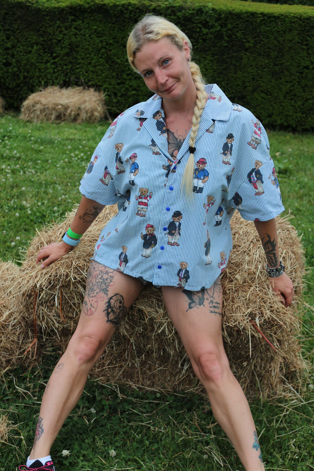 Chemise upcyclée "Ours peluches et  rayures" – Pièce unique (Taille 36) Over size et unisexe 