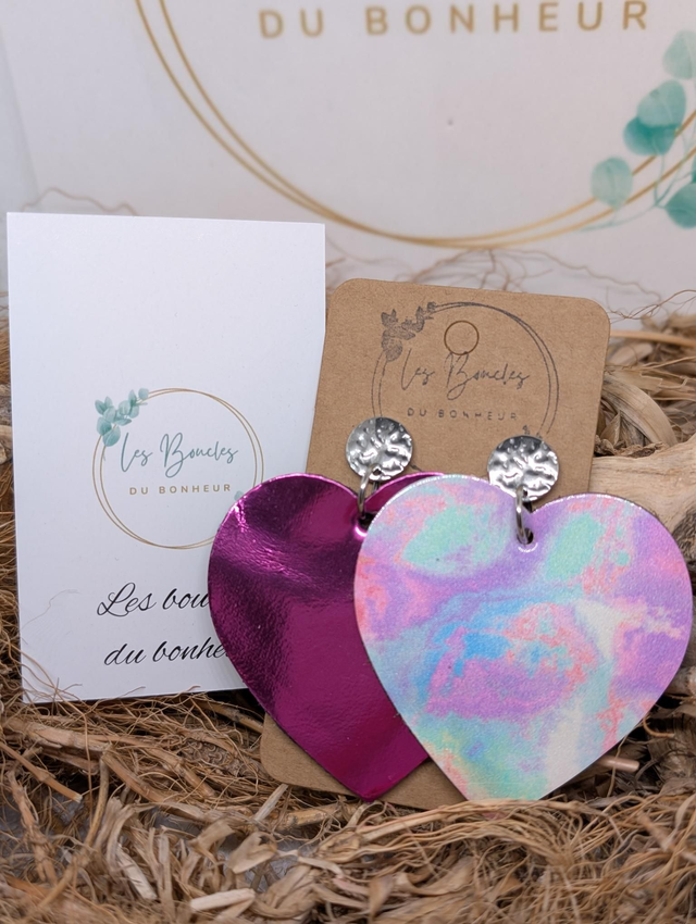 Boucles d'oreilles Asymétrique coeur fushia pastel zk027