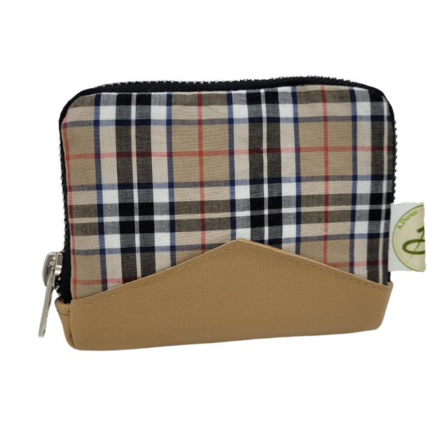 Portefeuille zippé mini Tartan cuir d'agneau beige