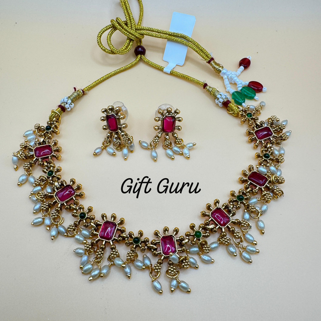 Ruby Stone Short Necklace Set