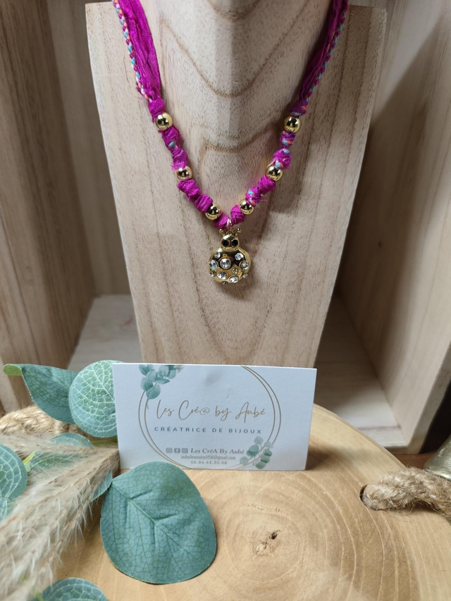 COLLIER COCCINELLE / TISSU ROSE VIOLINE/ ACIER INOXY GOLD 0000988