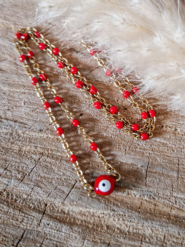 Collier porte-bonheur "Oeil" - Modèle doré et rouge