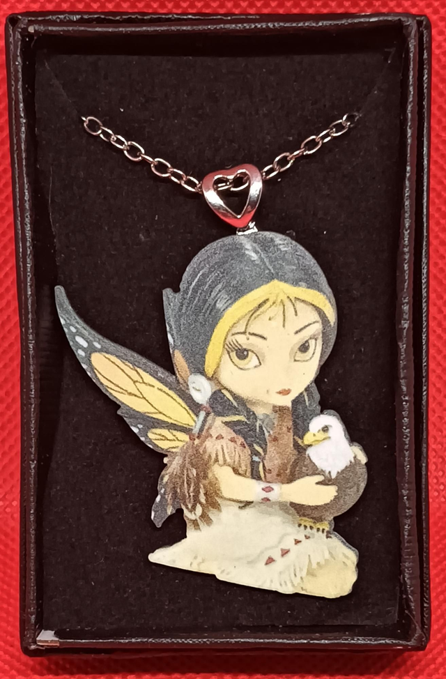 American Indian Fairy Girl With Eagle Pendant Necklace.