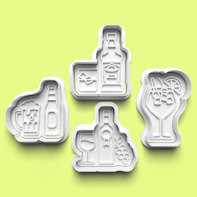 Alcohol Cookie Cutter Embosser Set of 4 Cutters &amp; Stamps Biscuit Mould Debossed Sugar Biscuits