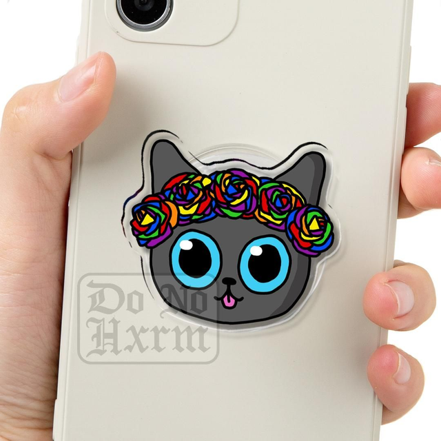 Rainbow Flower Crown Cat Clear Acrylic Phone Grip 