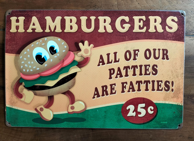 Plaque métal Tôle épaisse / Hamburger/ aspect vintage / occasion T.B.E