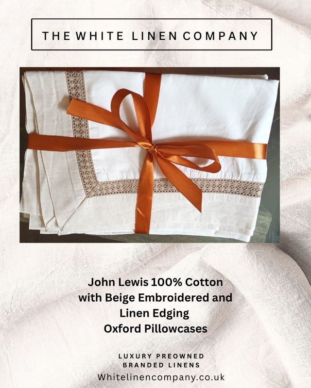 JOHN LEWIS -  Pair White with BeigeBorder Kingsize 100% Cotton Pillowcases