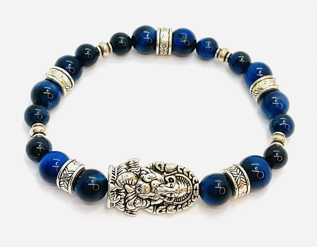 Bracelet « Ganesh » Oeil de tigre bleu 8 et 6 mm