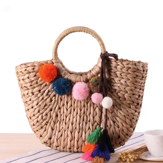 Multi Coloured Pompom Straw Sandbag in Natural