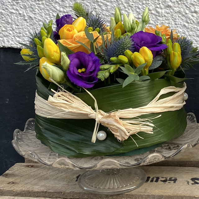 Floral Cake Arrangement - with Glass Cake Stand