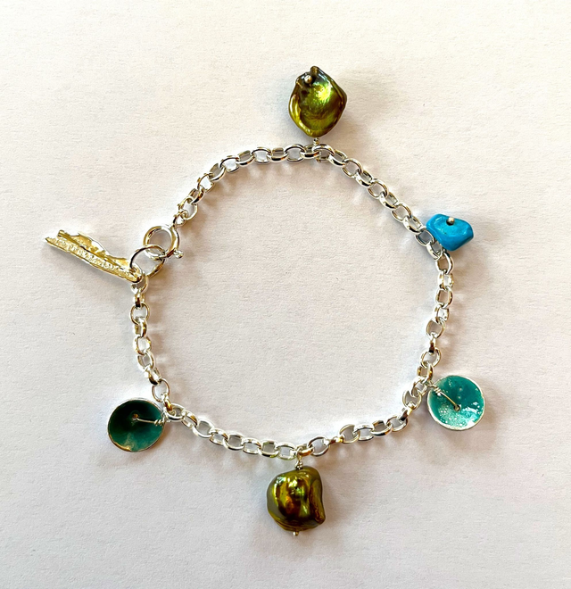 Recycled Sterling Silver, Bead and Turquoise Enamel Charm Bracelet