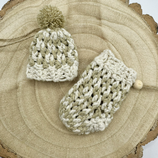 Crochet Striped Taupe Mini Hat &amp; Stocking Decoration 