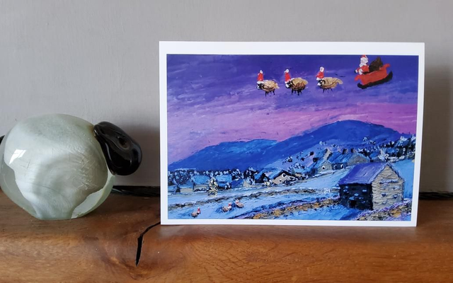 Father Christmas and his flying sheep over Gunnerside. A6 christmas card. 