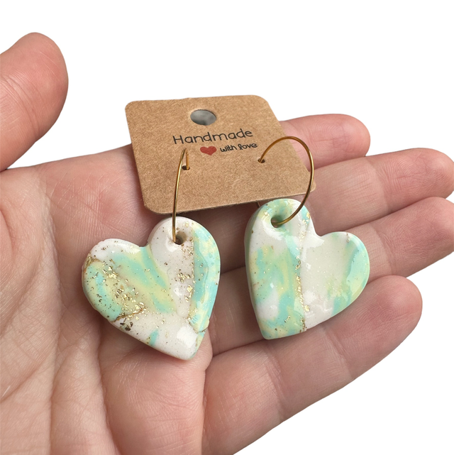 Mint Green and Gold Heart Shaped Polymer Clay Earrings
