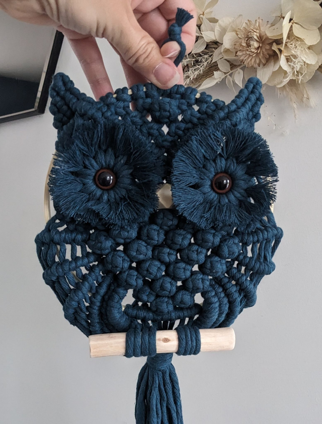 Hibou macramé &quot;Bleu&quot; (Moyen)