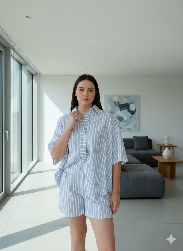 Ensemble Chemise Short Rayé Bleu Blanc et Gris Max