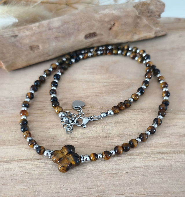 A Collier "Trèfle" Oeil de tigre