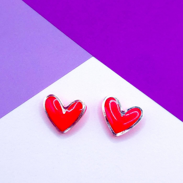 Florescent Pink Silver Heart Studs