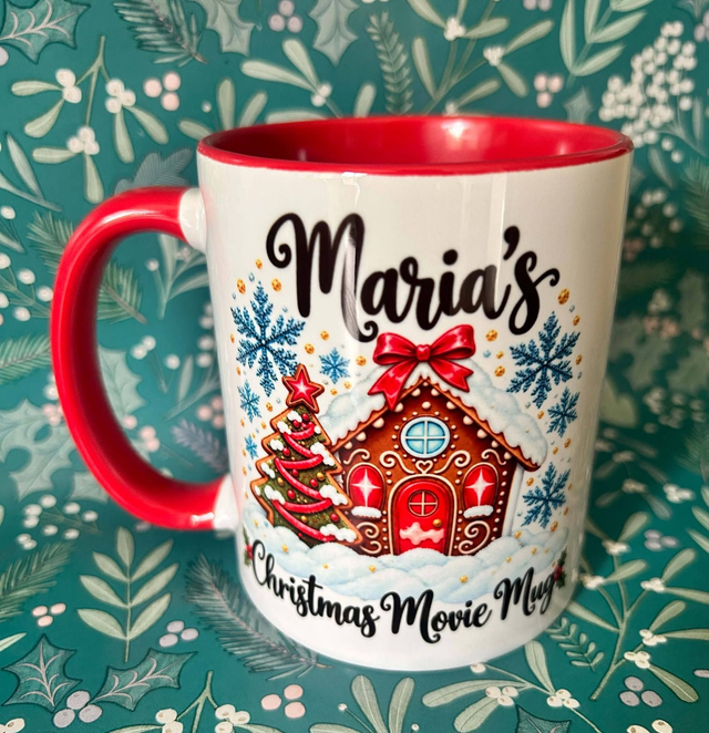 Personalised Christmas Movie Mug – 11oz Red Handled Gingerbread House Mug