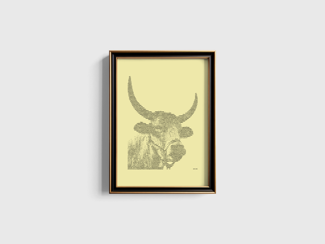 A3 Schreibmaschinenbild Kuh 1 in Schwarz auf Elfenbein