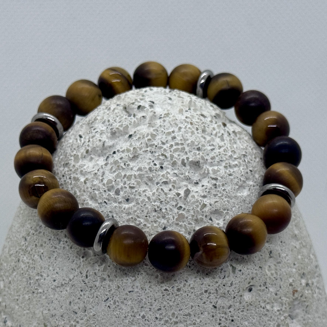 Bracelet en œil de tigre mat &amp; brillant, séparateurs en inox – le rythme de la maîtrise