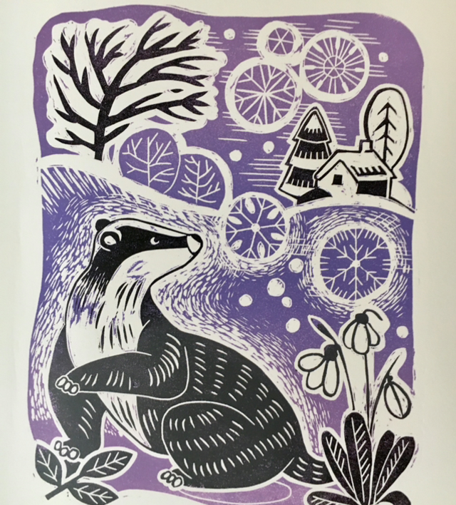 Winter Badger Linocut Print