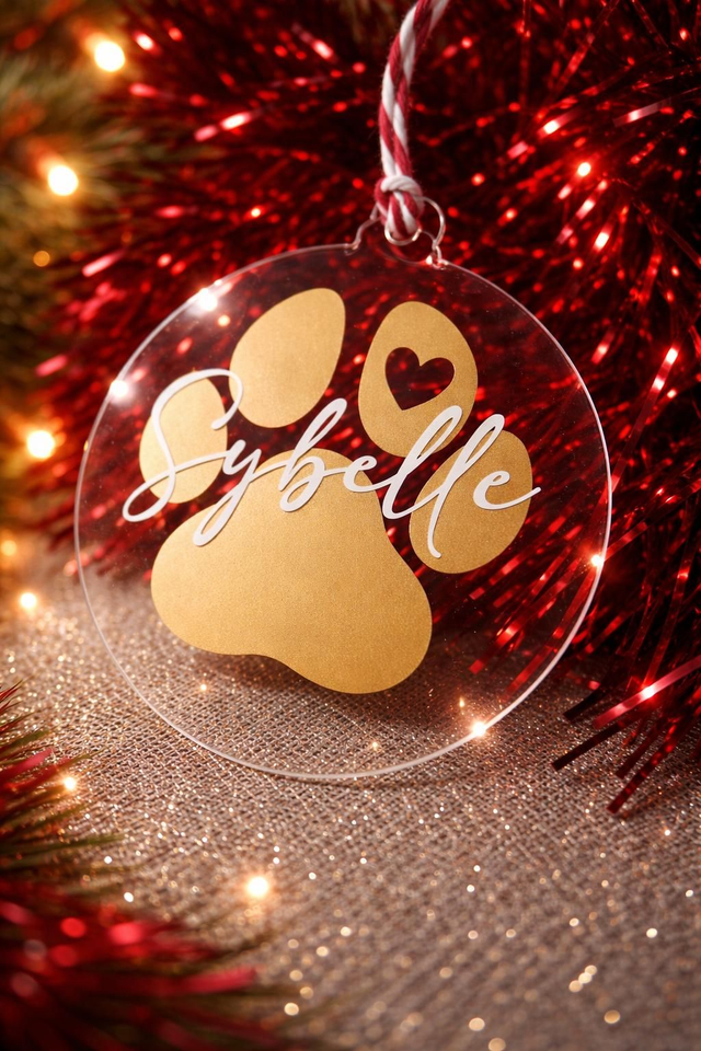 Boule de Noël plexi personnalisée – patte de chien avec prénom