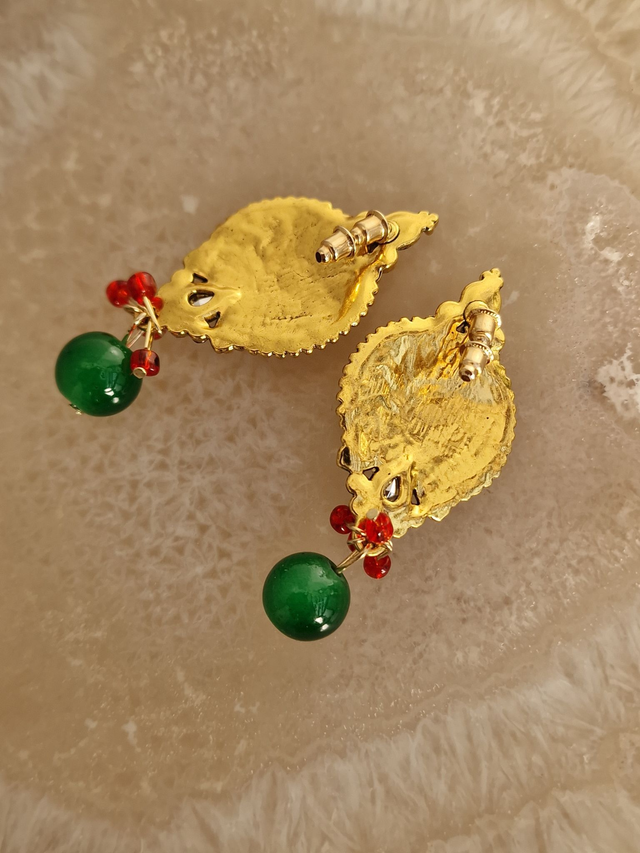 Boucles D'oreilles Vintage Retro Dorées Cristal Jade Vert Rouge