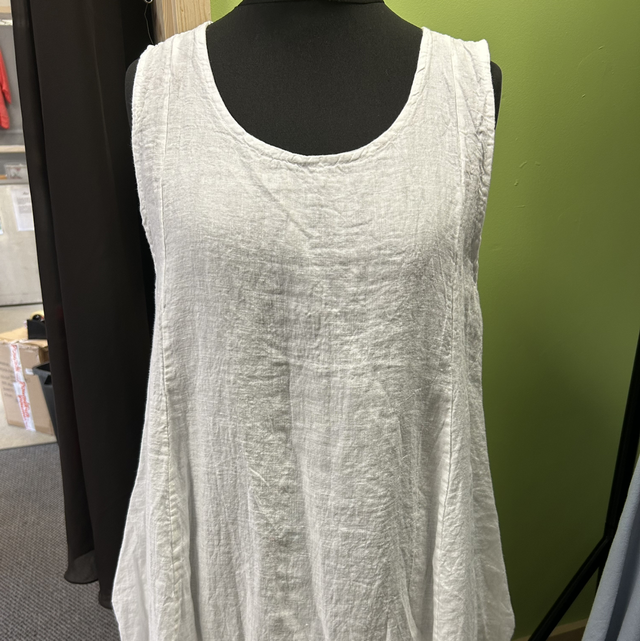 White Sleeveless Linen Dress with Pockets - 1037