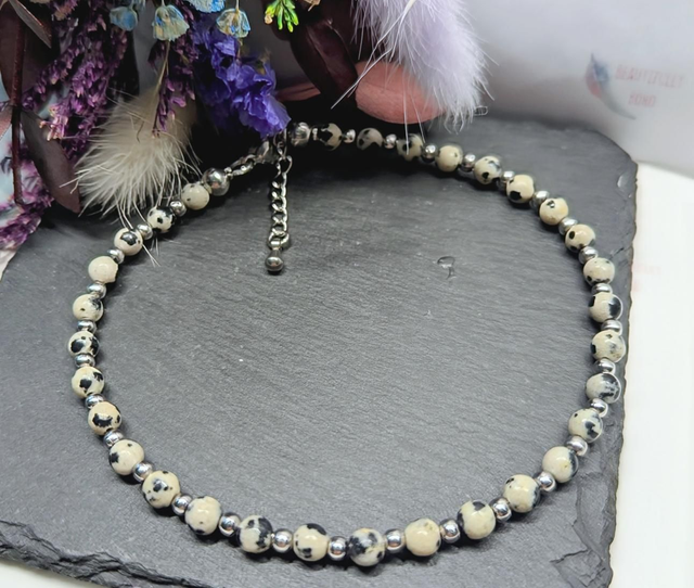 Dalmatian Jasper Gemstone & Stainless Steel Beaded Anklet