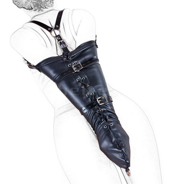 BDSM Arm Binder Glove Sleeves Behind Back PU Leather Handcuff Straight Jacket