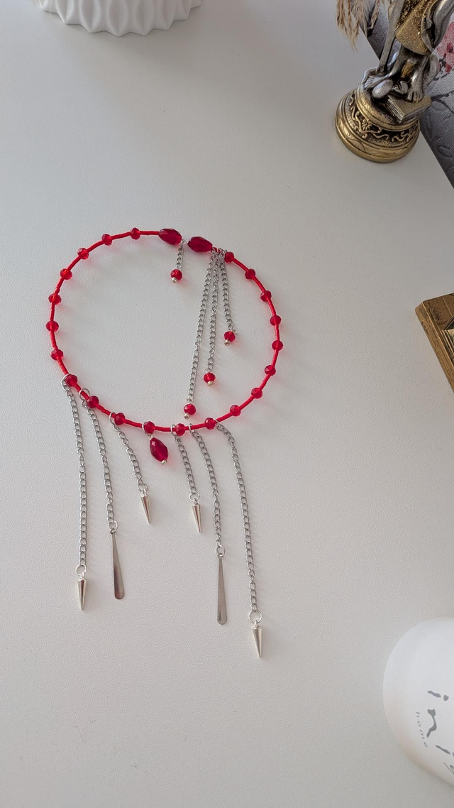 Gothic red chocker necklace with silver chain tassels