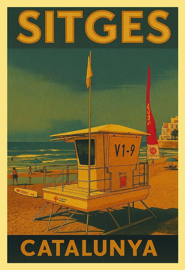 Escena de playa retro en Sitges Platja de Sant Sebastia Póster de viaje vintage