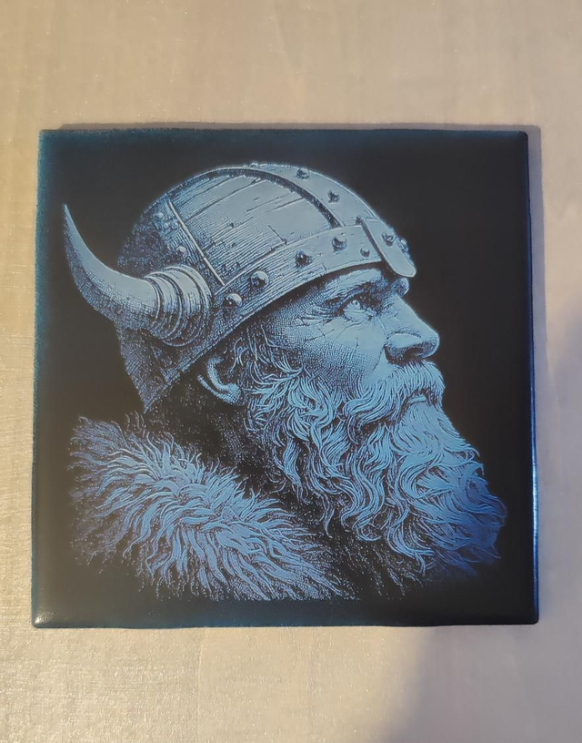 Laser engraved viking on ceramic tile 