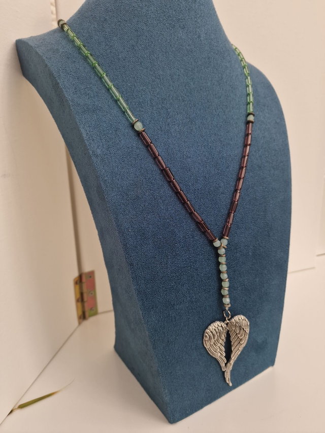 Parure Bijoux Perles De Verre Vert Prunes Ailes Argentées