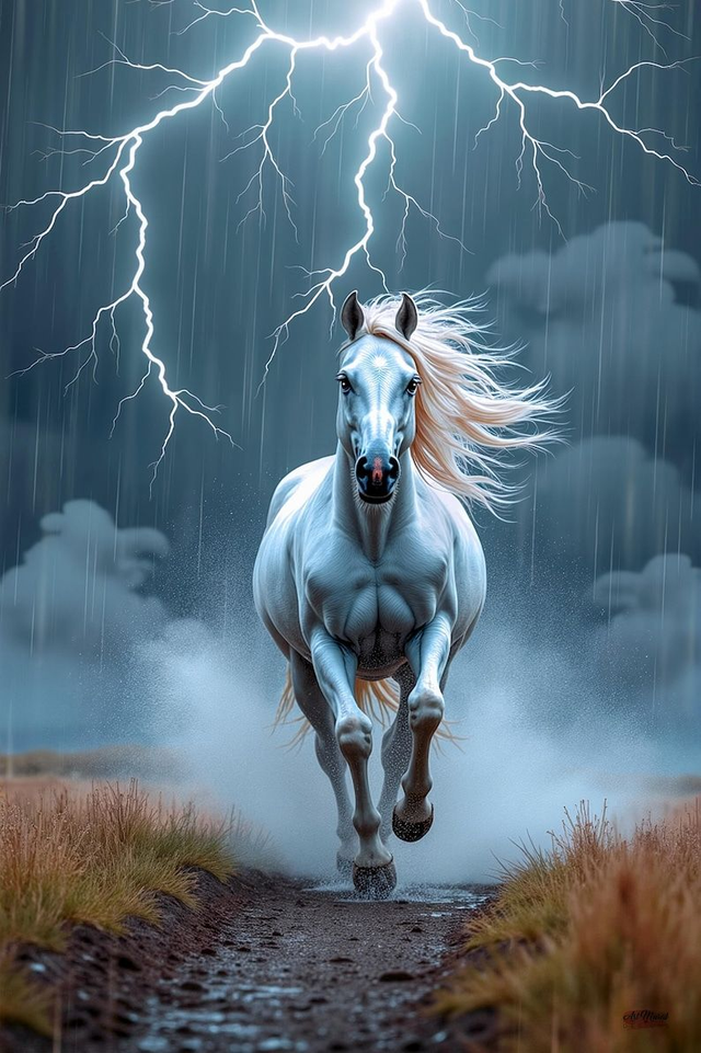 Cheval Blanc sous l'Orage 🌩️ | Tableau Paysage Dramatique – Art Mural Puissant 🎨