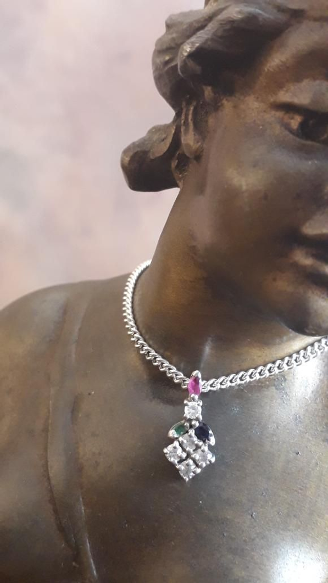 Pendentif rubis,  émeraude, zirconium, saphir, argent 925