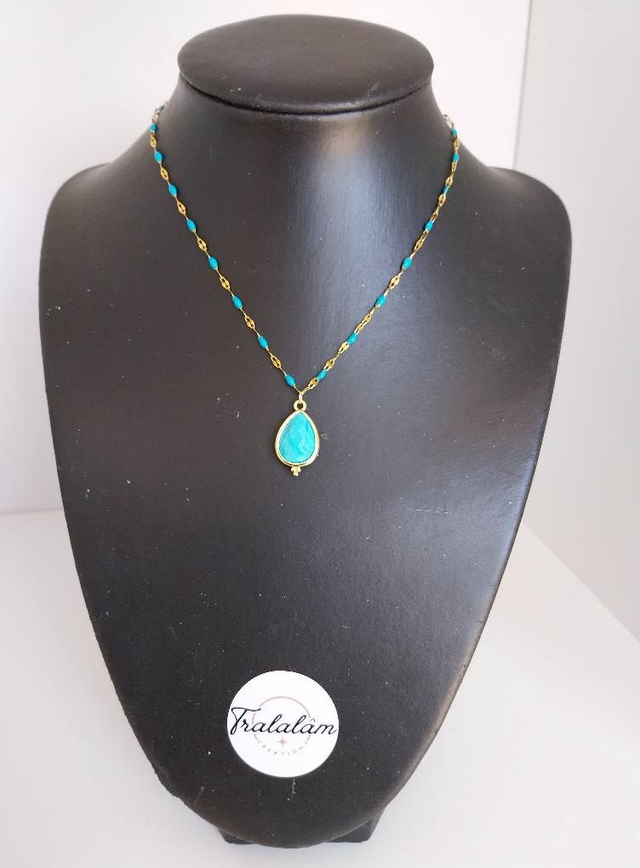  ✨Collier goutte turquoise chaîne petites perles bleues émaillées✨