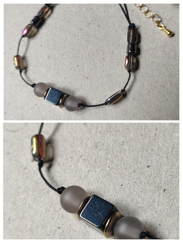 Bracelet &quot;cube&quot; en hématite noire (pierres naturelles) et verre gris mat et mordoré, réglable avec chaîne d&#039;extension en acier inoxydable doré, pièce unique 