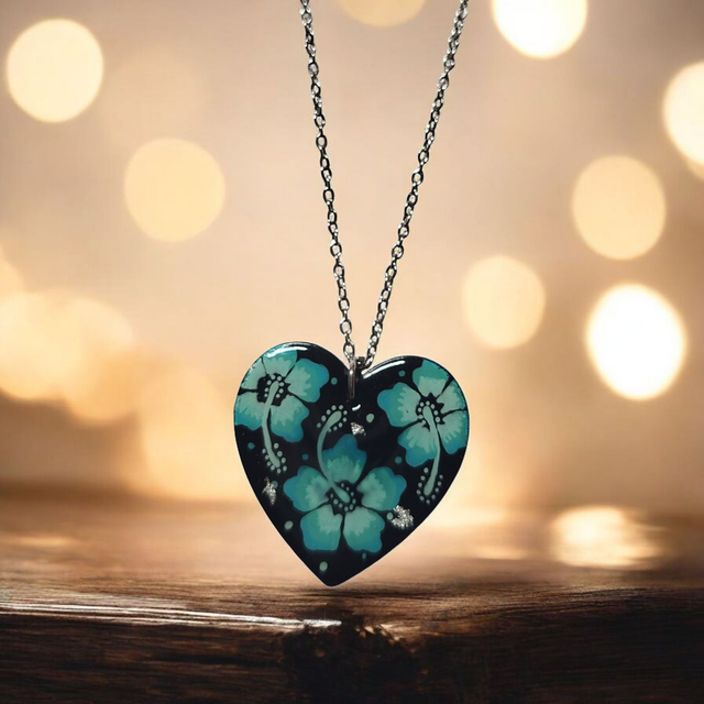 Collier dessiné Flora acier inoxydable bleu turquoise