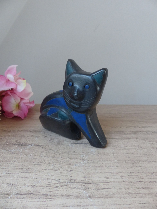 Figurine Chat Mexicain Vintage en Argile Noire et Bleue – Sculpture Artisanale Années 60, Style Manuel Felguérez