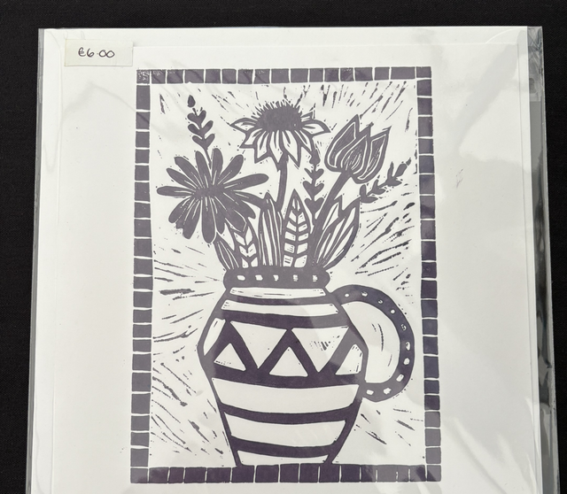 Lino print vase and flowers card (deep purple) 