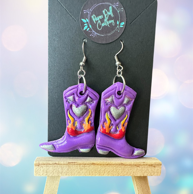 Purple Flame Polymer Clay Cowboy Boot Earrings